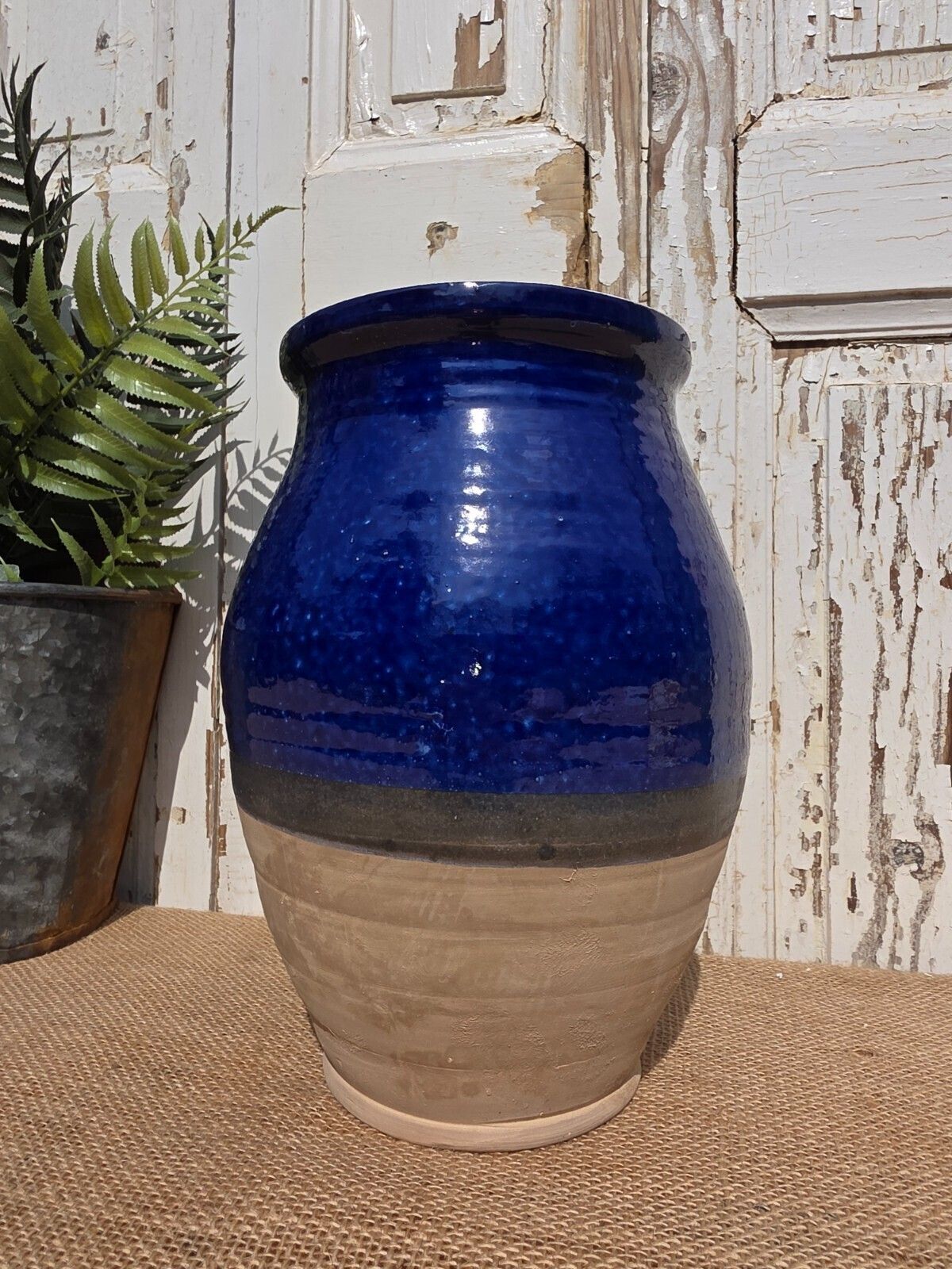 Rustic Hand Made Blue Glazed Clay Terracotta French Style Confit Pot photo Home Decor