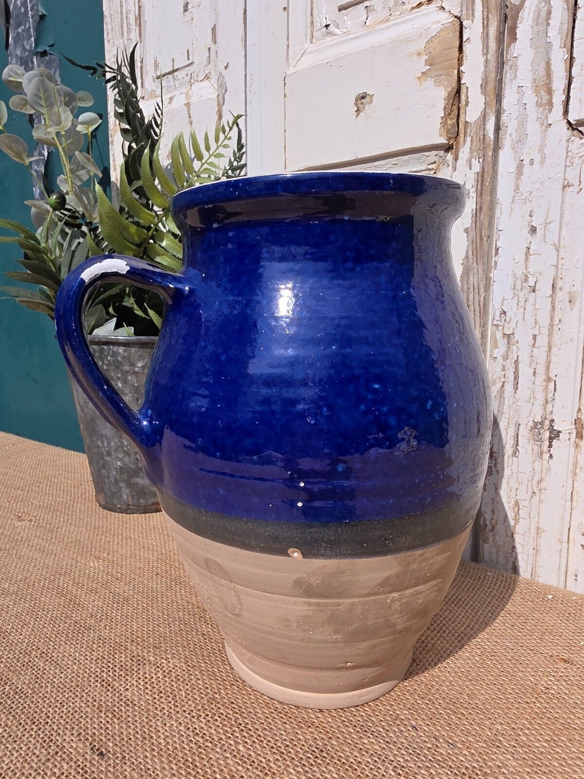 Rustic Hand Made Blue Glazed Clay Terracotta French Style Confit Pot photo vinterior