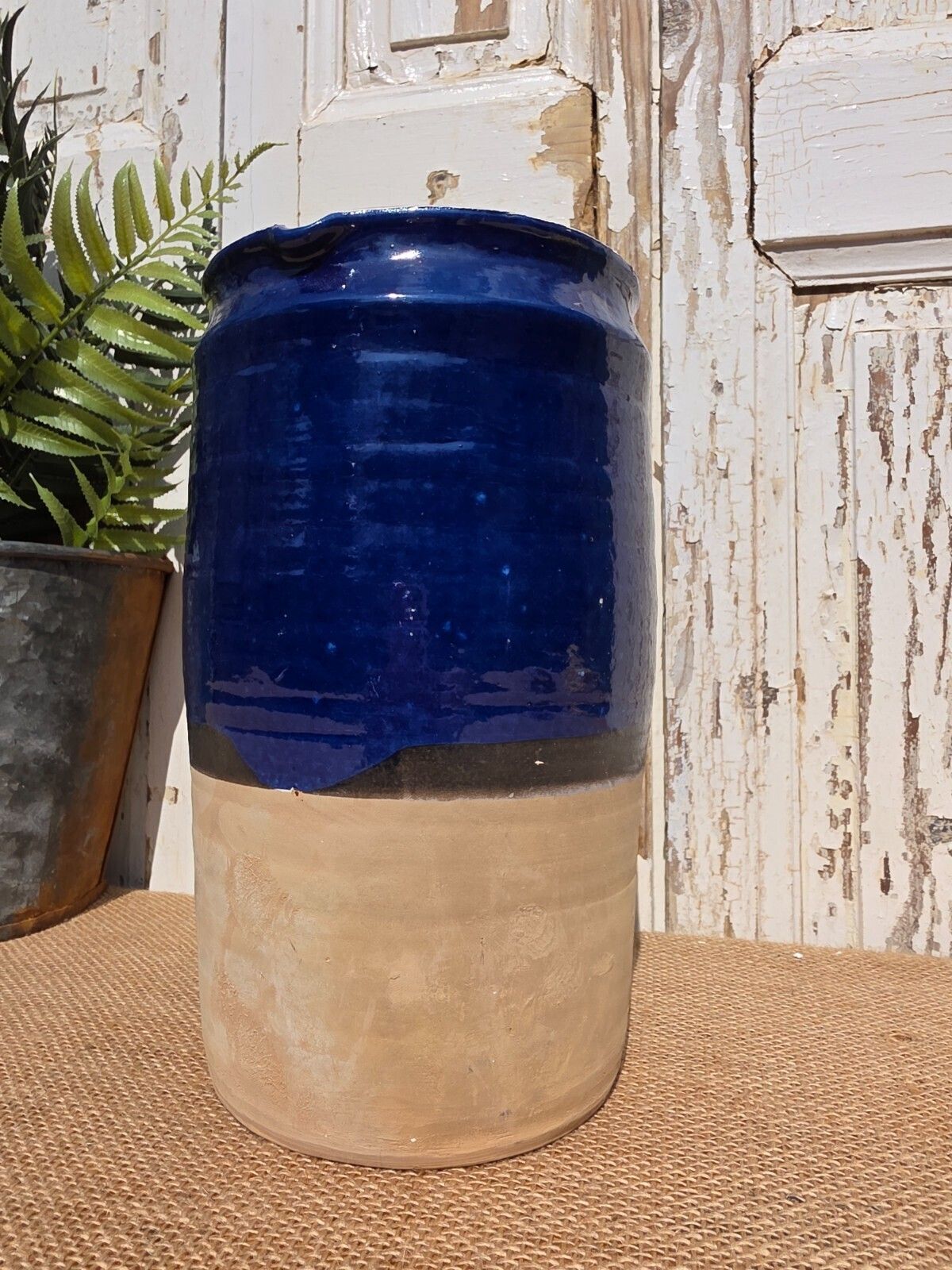Rustic Hand Made Blue Glazed Clay Terracotta French Style Confit Pot photo for sale