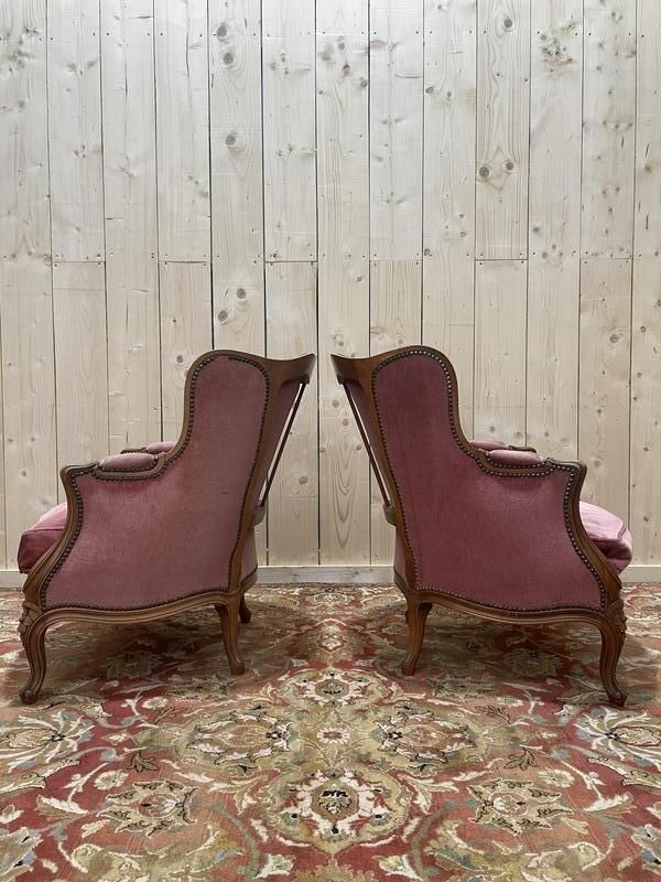 Paire De Fauteuils   Bergères De Style Louis XV En Velours Rose photo furniture