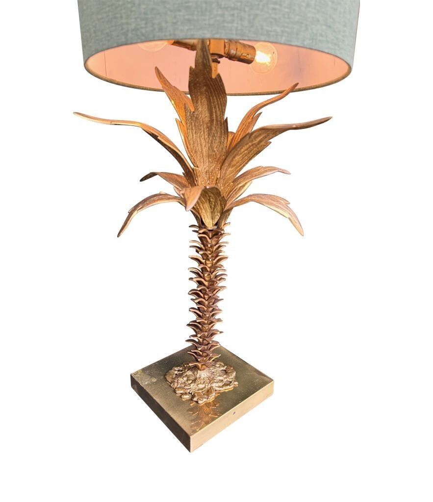 A Lovely Large French 1950s Palm Tree Lamp With Two Fittings And Bespoke Green Linen Shade photo vinterior