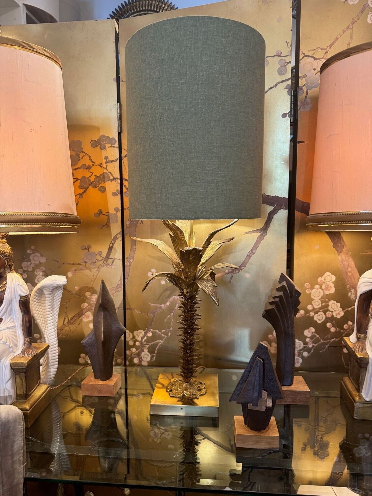 photo vinterior A Lovely Large French 1950s Palm Tree Lamp With Two Fittings And Bespoke Green Linen Shade