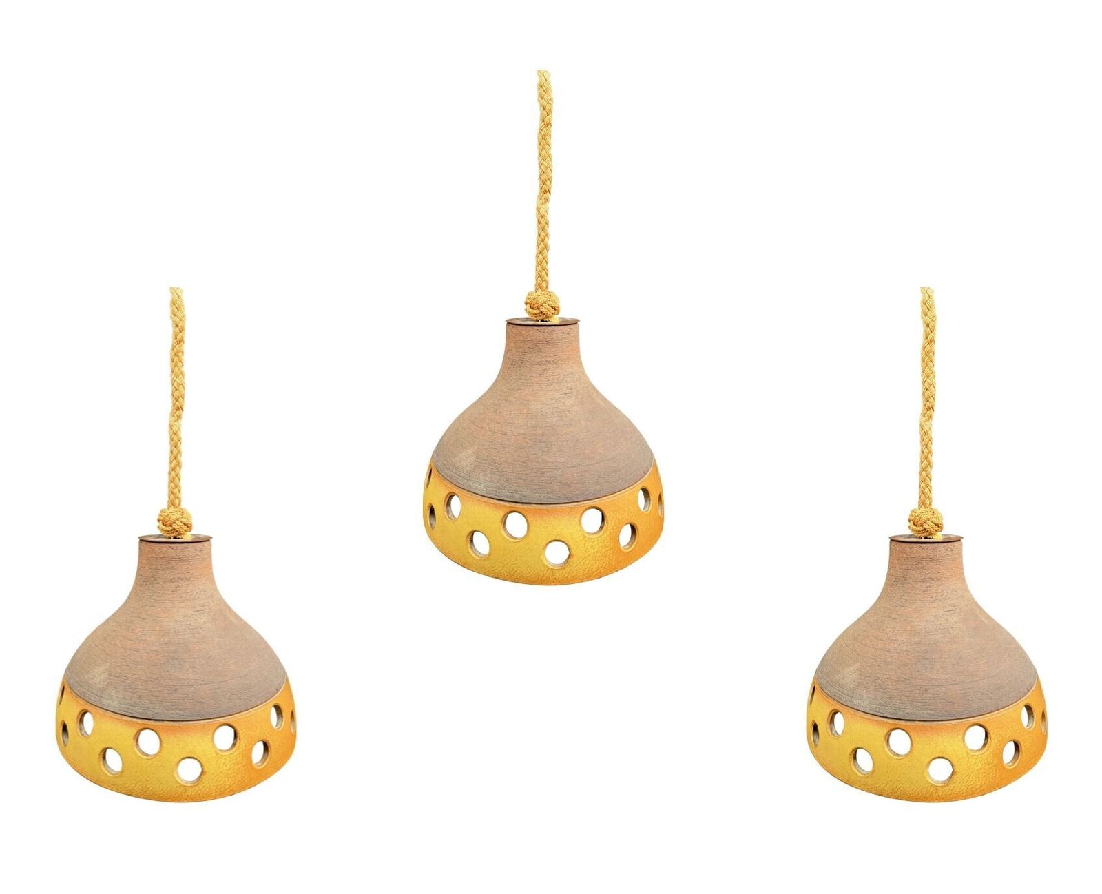 A Set Of Three 1960s French Glazed Ceramic Ceiling Lights Suspended From Thick Knotted Rope