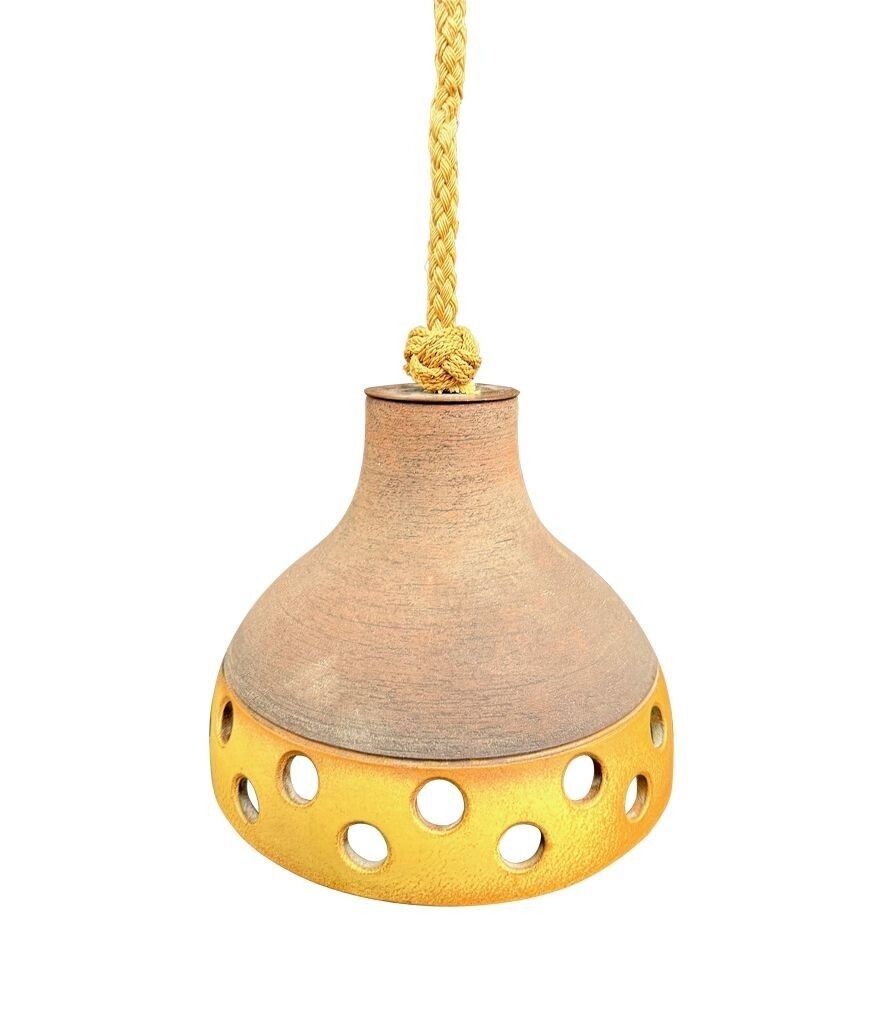 A Set Of Three 1960s French Glazed Ceramic Ceiling Lights Suspended From Thick Knotted Rope photo for sale