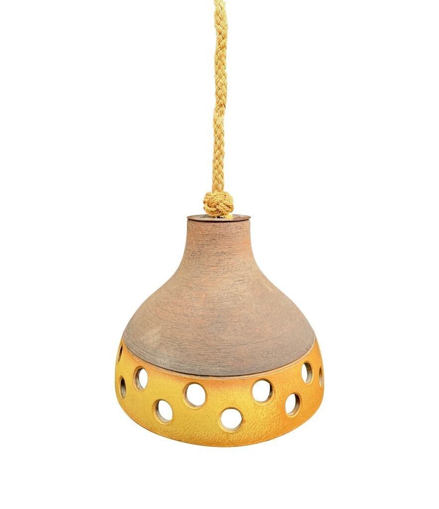 photo for sale A Set Of Three 1960s French Glazed Ceramic Ceiling Lights Suspended From Thick Knotted Rope