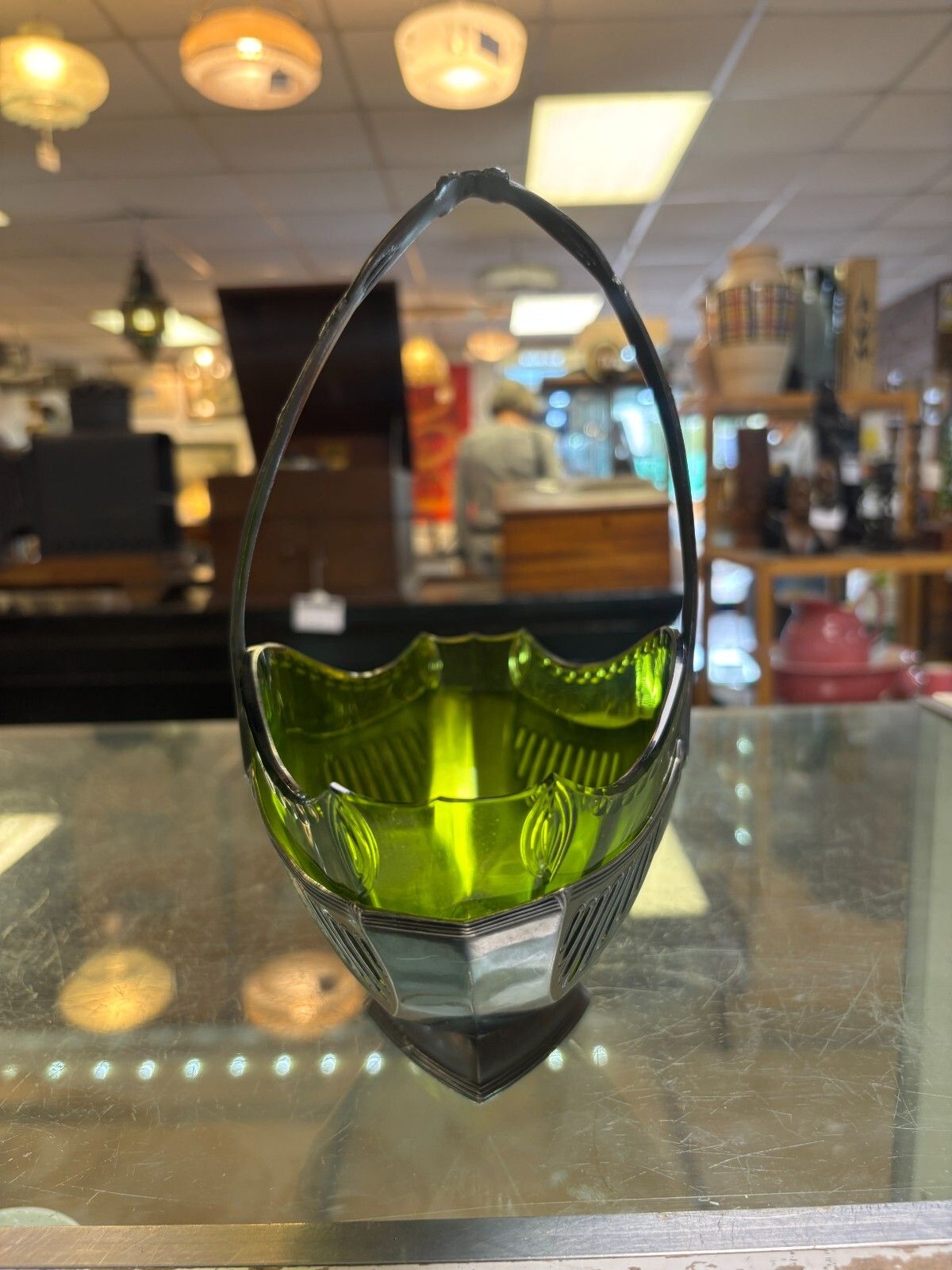 Art Nouveau Wmf Silver Plated Basket Centre Piece With Green Glass Liner photo 245.0