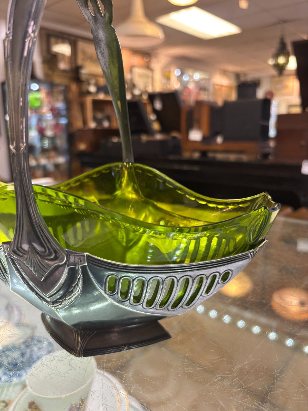 photo furniture Art Nouveau Wmf Silver Plated Basket Centre Piece With Green Glass Liner