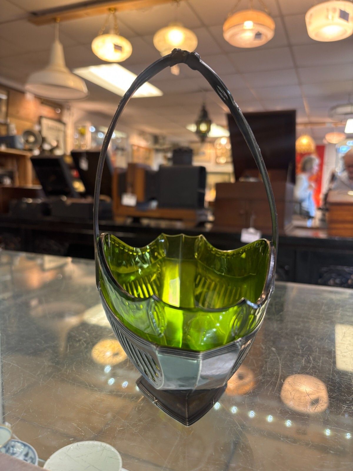 photo for sale Art Nouveau Wmf Silver Plated Basket Centre Piece With Green Glass Liner