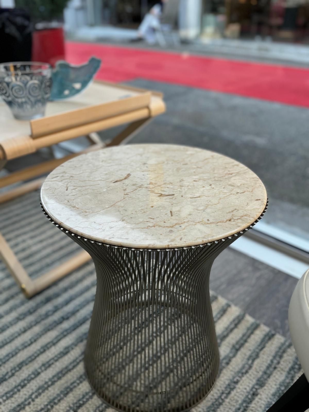 Knoll& Waren Platner, Pair Of Steel Side Tables, Beige Veined White Marble Top photo furniture