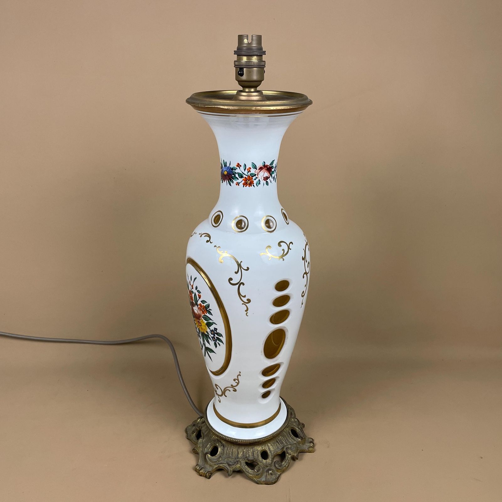 Antique Ceramic Lamp Light Bedside Table Desk Porcelain Vase White Floral Pattern Brass Gold Metal Base Cottage Vintage Glass Inlay photo for sale