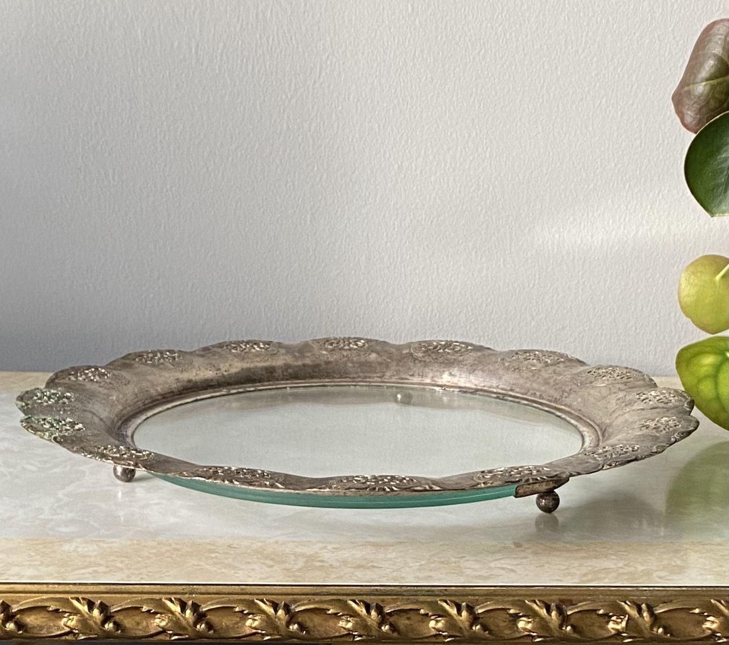 Tray Footed Platter With Glass Centre And Silver Plated Rim Diameter 14" photo vintage