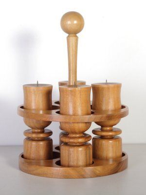 140.0 Portable Walnut Wood Candleholders, Czechoslovakia, 1980s, Set Of 5 photo