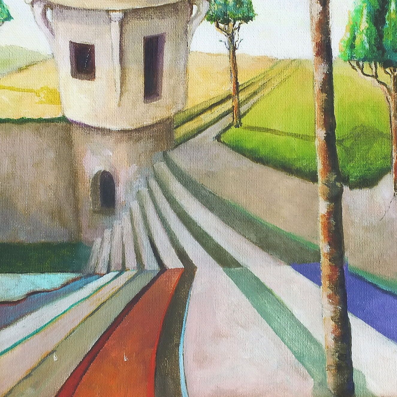 Vintage Original Acrylic Painting On Canvas 'Castle Road, Red Ribbon' By Richard Cafiero C1980 photo for sale