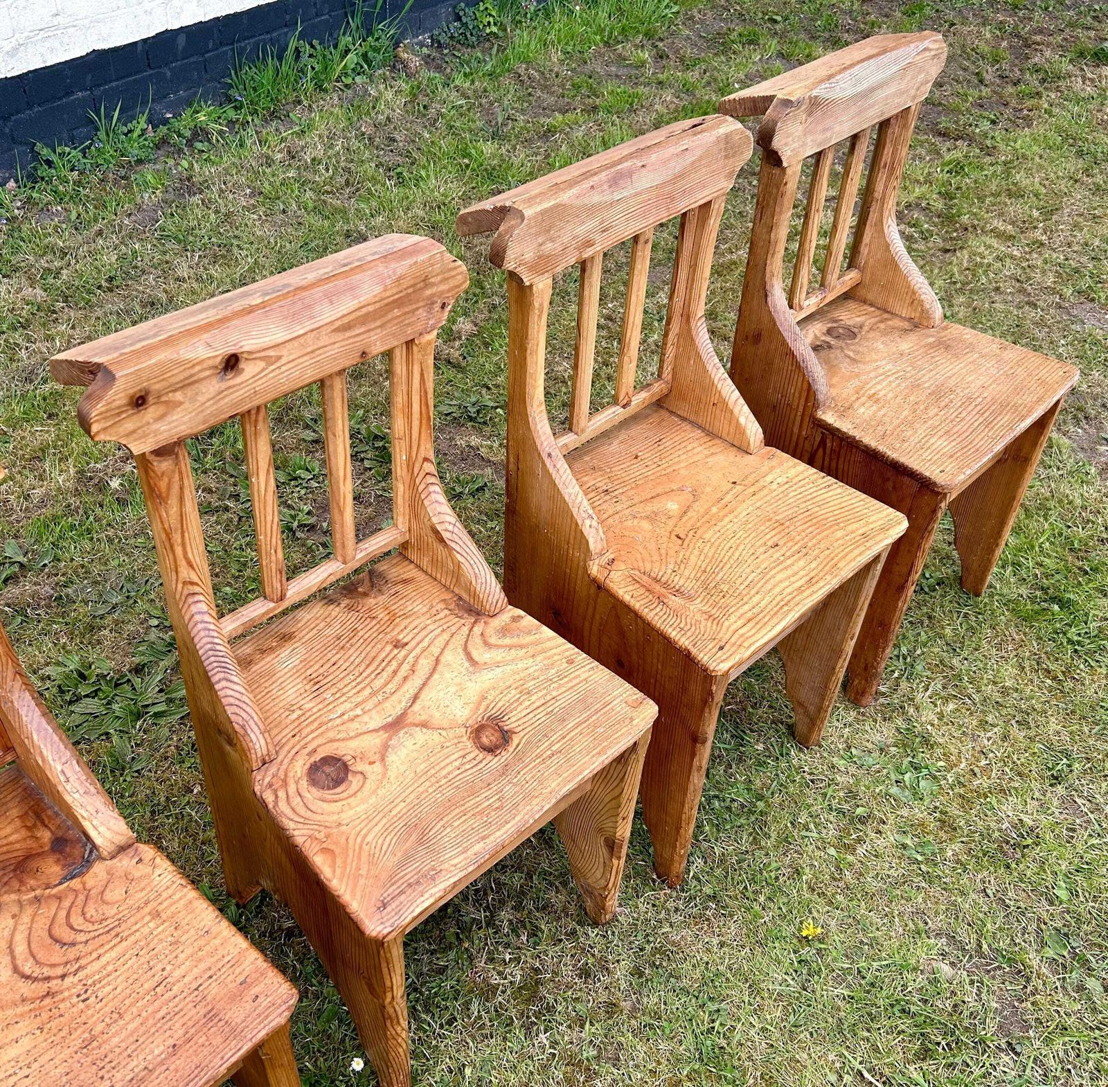 Set Of Six Victorian Pine Gothic Antique Chapel Church Chairs Vintage Industrial Retro Kitchen Dining Old Wooden Stacking School Wedding photo Furniture
