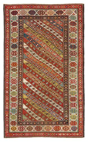4x6.7 Ft Antique Caucasian Gendje Rug Colorful Diagonal Stripes, Circa 1875
