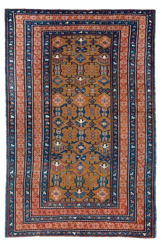 3.7x5.6 Ft Antique Caucasian Seichur Rug With Dark Yellow Ground & Triple Border