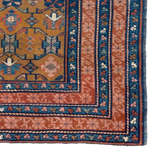 3.7x5.6 Ft Antique Caucasian Seichur Rug With Dark Yellow Ground & Triple Border photo for sale