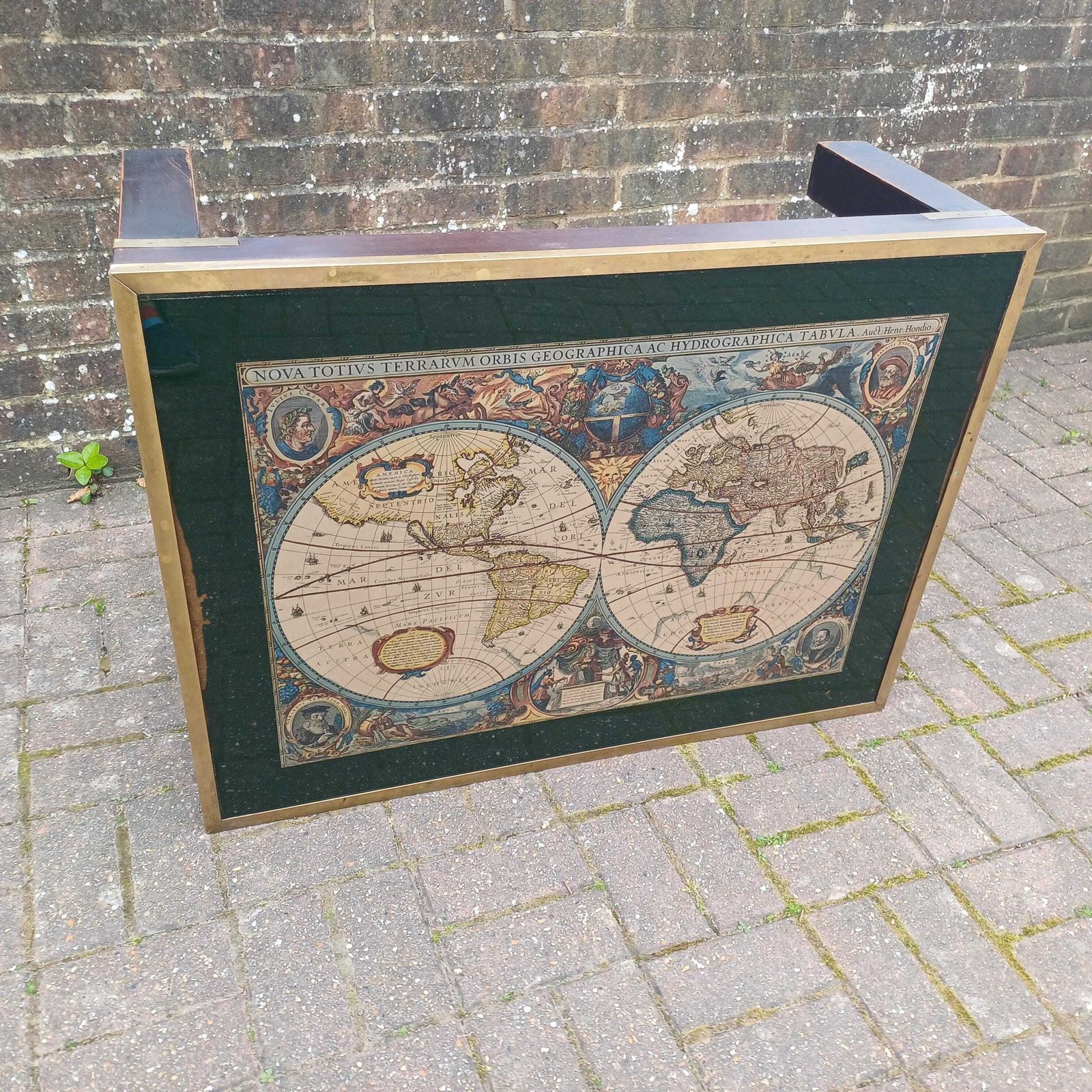 Vintage Retro Explorer’s Coffee Table 17th Century World Map Under Glass With Brass Frame, Teak Legs, Mid Century Style