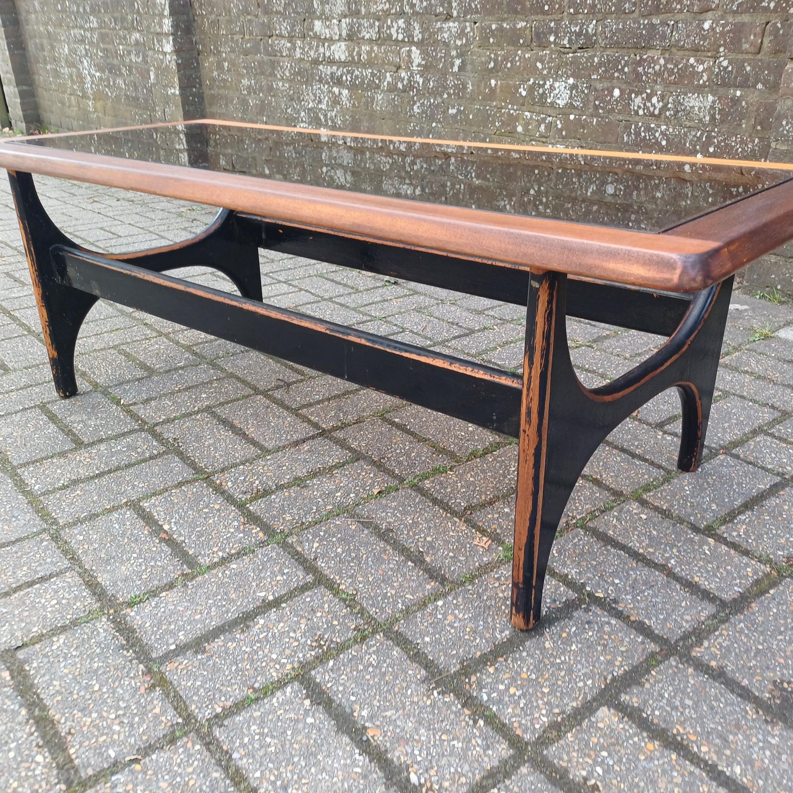 Unique 1970s Danish Style Coffee Table Smoked Glass Top, Black Painted Base, Distressed Upcycled Finish photo for sale