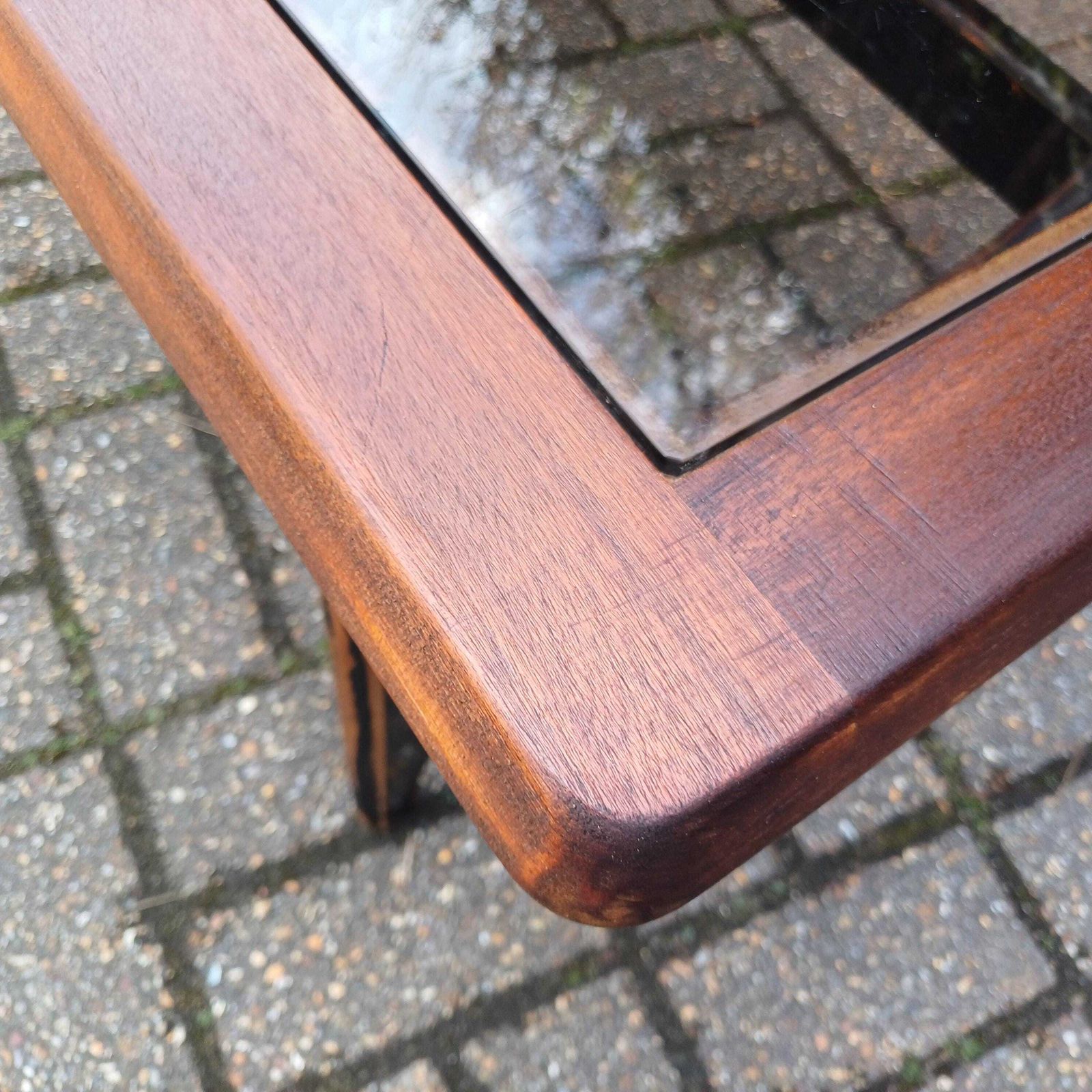 Unique 1970s Danish Style Coffee Table Smoked Glass Top, Black Painted Base, Distressed Upcycled Finish photo vinterior