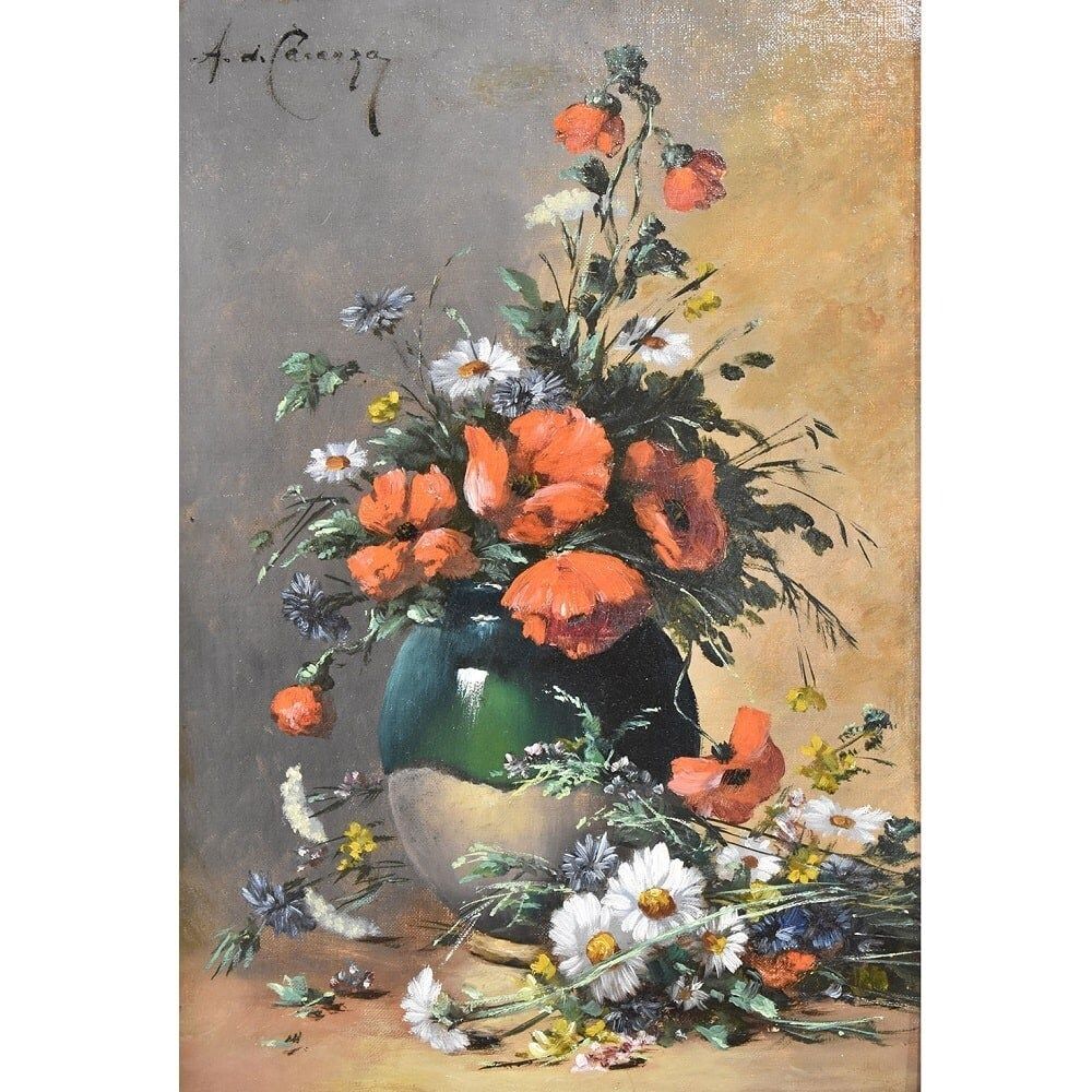Antique Painting With Flowers, Poppies, Still Life Oil Painting, XIX Century. (Qf472) photo furniture