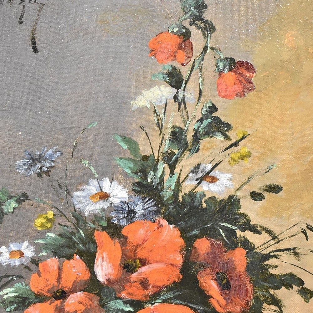 Antique Painting With Flowers, Poppies, Still Life Oil Painting, XIX Century. (Qf472) photo Art