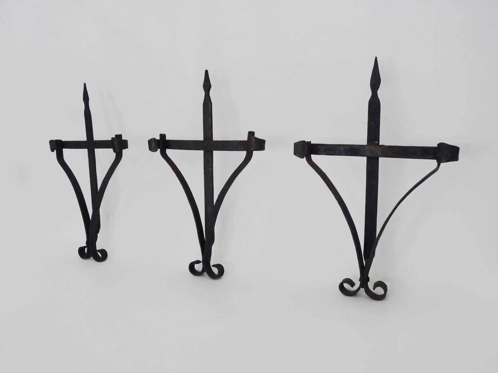 3 Large Wrought Iron Wall Candlesticks. 19th Century Outdoor Candlesticks photo for sale