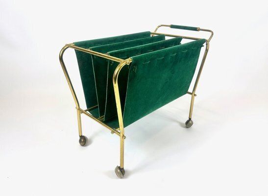 Mid Century Brass And Leather Trolley Magazine Rack, 1950s