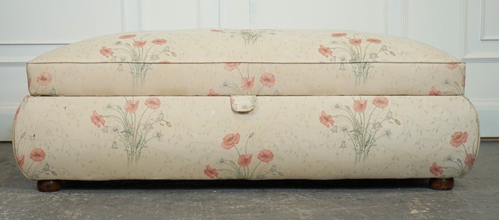 1350.0 Large Antique Victorian Poppy Flower Pattern Fabric Ottoman Chest Trunk  J1 photo