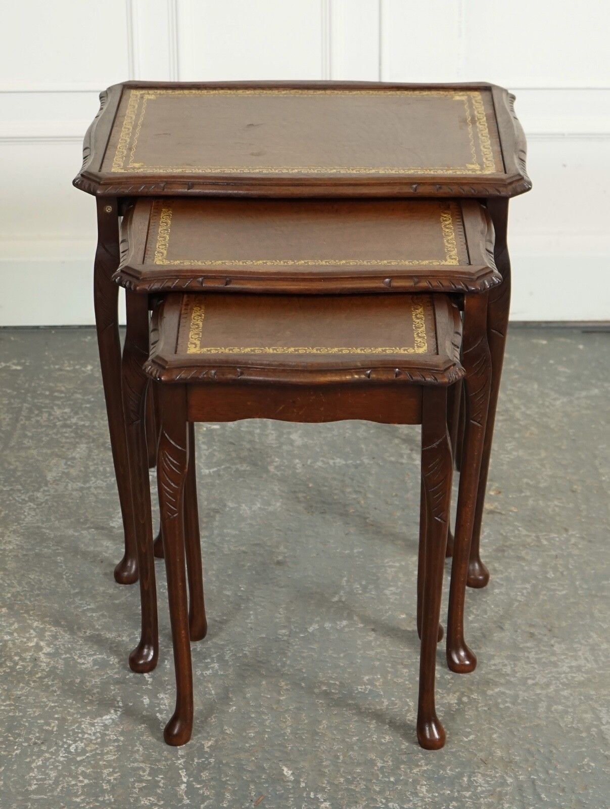 Vintage Nest Of Tables Queen Anne Style Legs With Brown Embossed Leather Top photo for sale