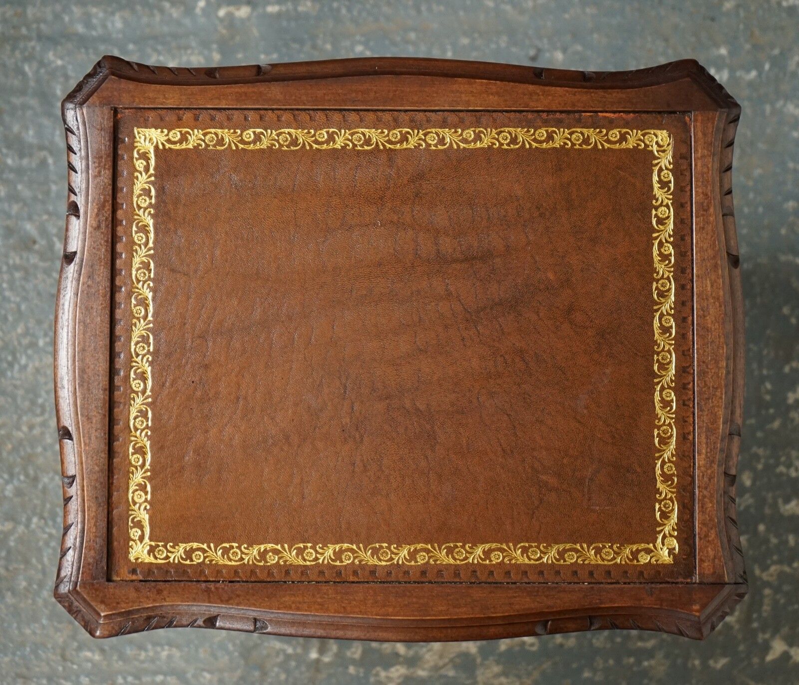 Furniture Vintage Nest Of Tables Queen Anne Style Legs With Brown Embossed Leather Top photo