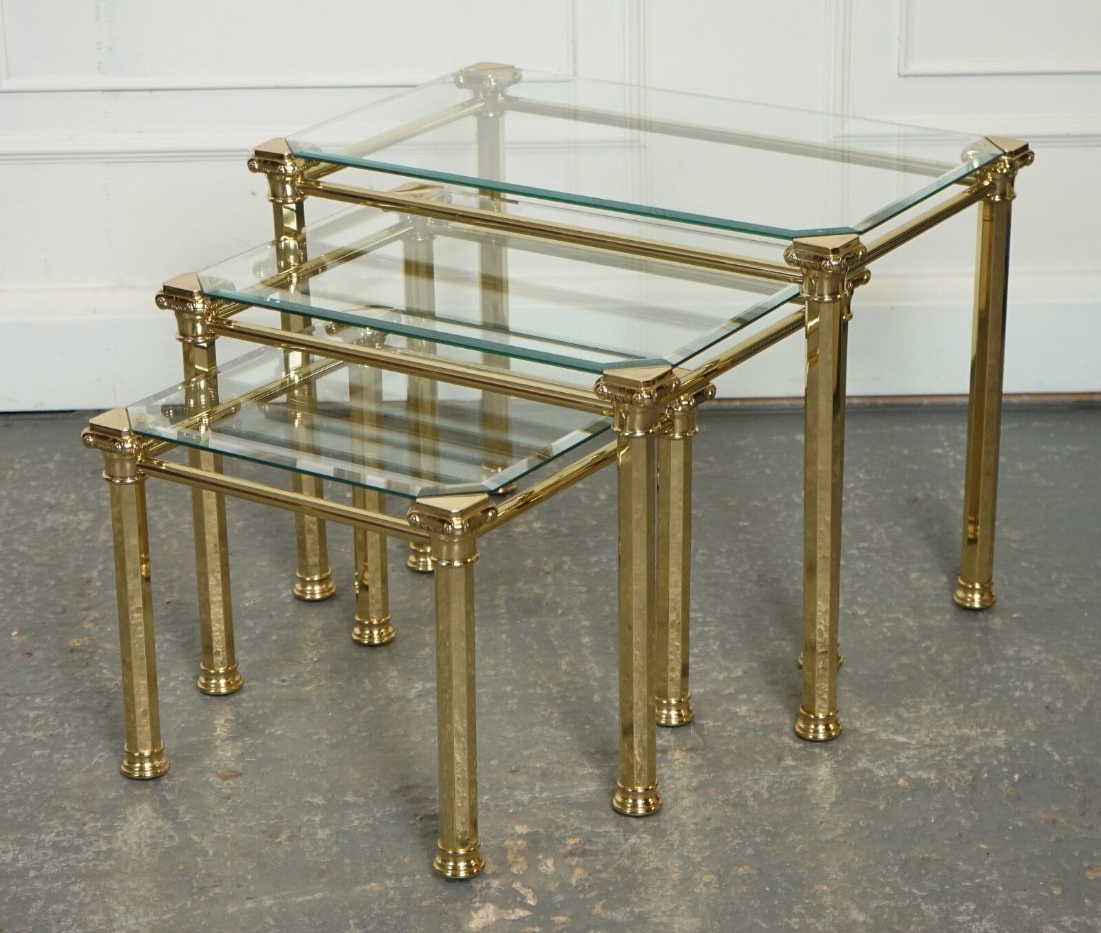 Set Of 1970's Hollywood Regency Golden Brass Glass Nest Of Tables Side Table  J1 photo furniture