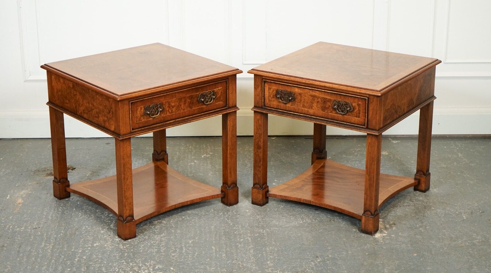 Pair Burr Walnut Bedside Nightstands End Side Lamp Tables Brights Of Nettlebed photo for sale