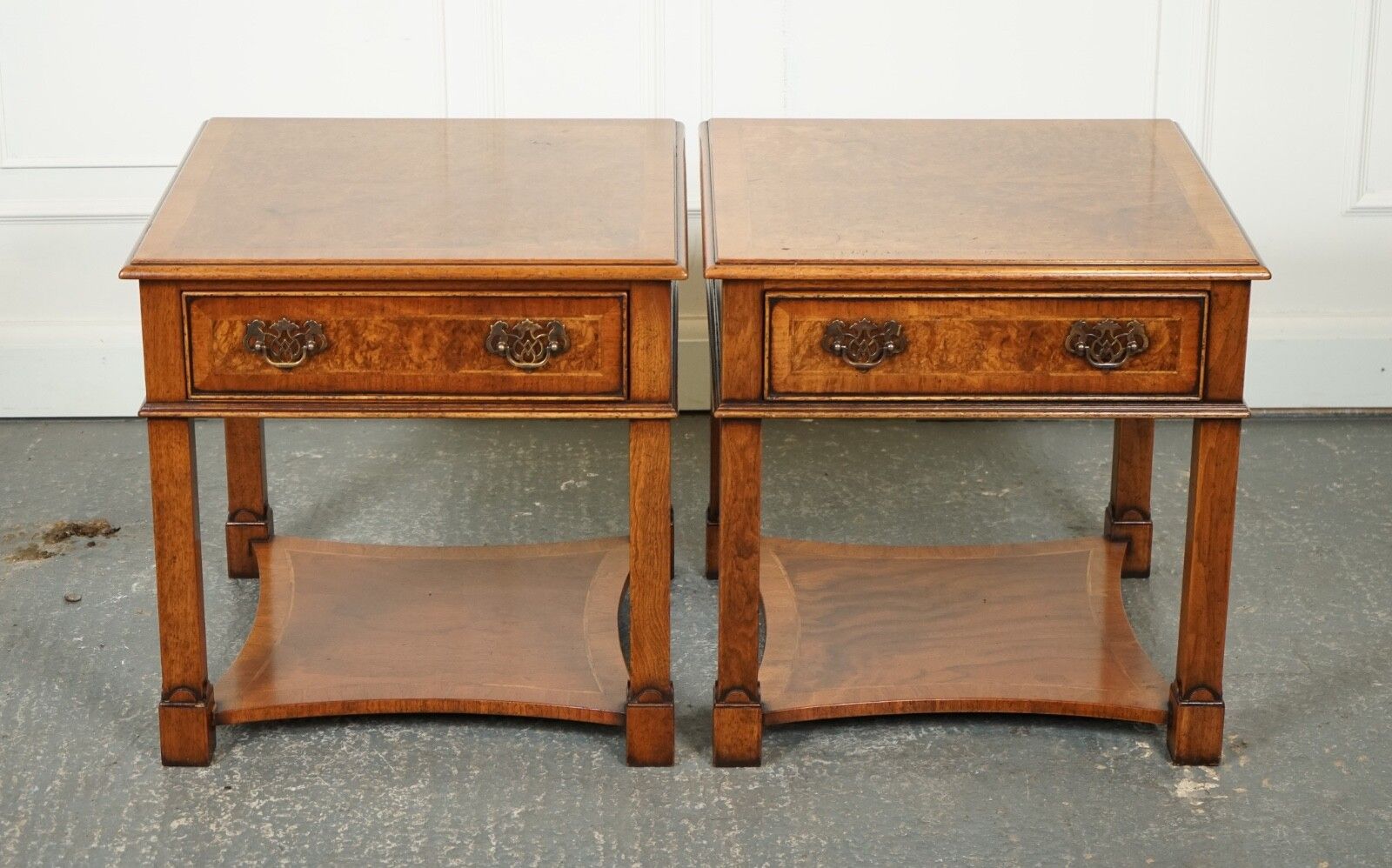 Pair Burr Walnut Bedside Nightstands End Side Lamp Tables Brights Of Nettlebed photo Furniture