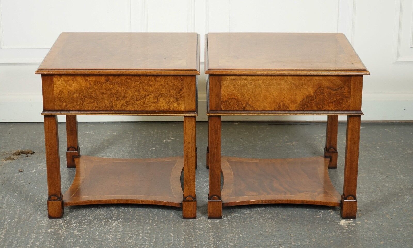 Pair Burr Walnut Bedside Nightstands End Side Lamp Tables Brights Of Nettlebed photo 2750.0