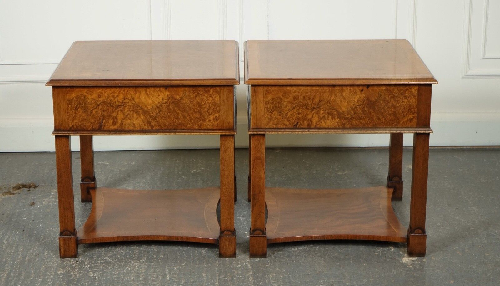 Pair Burr Walnut Bedside Nightstands End Side Lamp Tables Brights Of Nettlebed photo vinterior