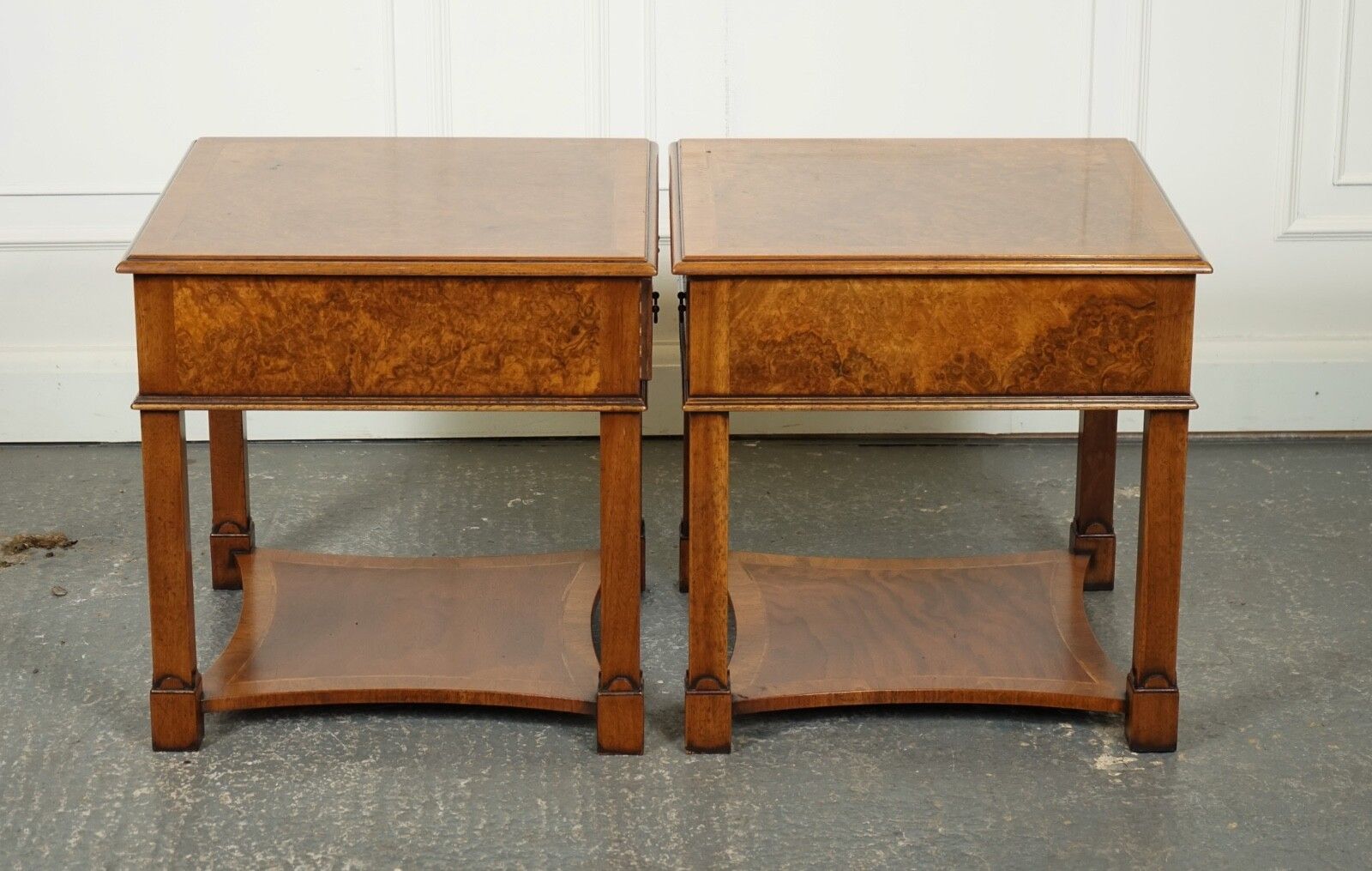 Pair Burr Walnut Bedside Nightstands End Side Lamp Tables Brights Of Nettlebed photo buy