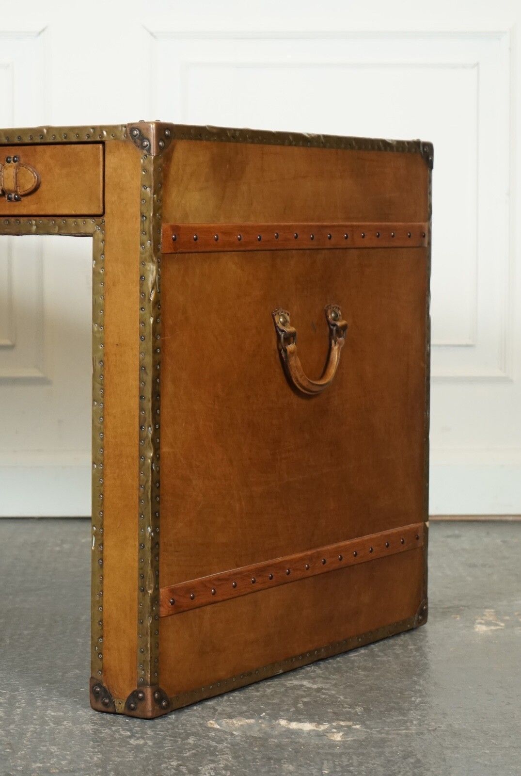 Absolutely Stunning Vintage Full Leather Desk With Three Drawers Made By Esquire photo vinterior