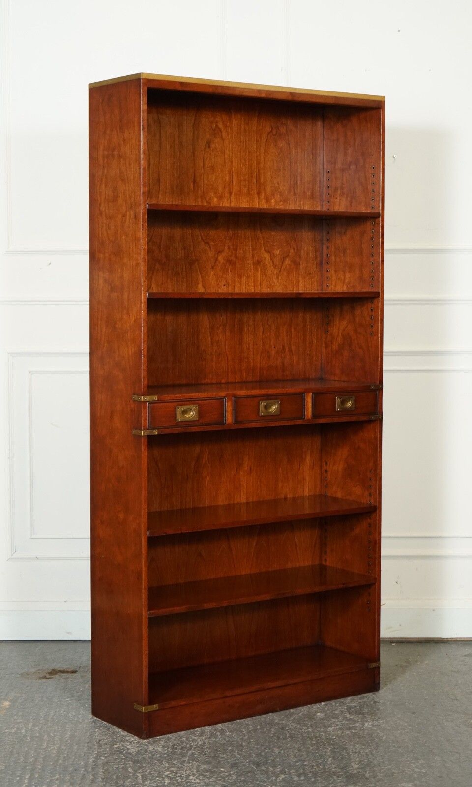 Harrods London Kennedy Three Drawers Burr Yew Wood & Brass Military Bookcase photo furniture