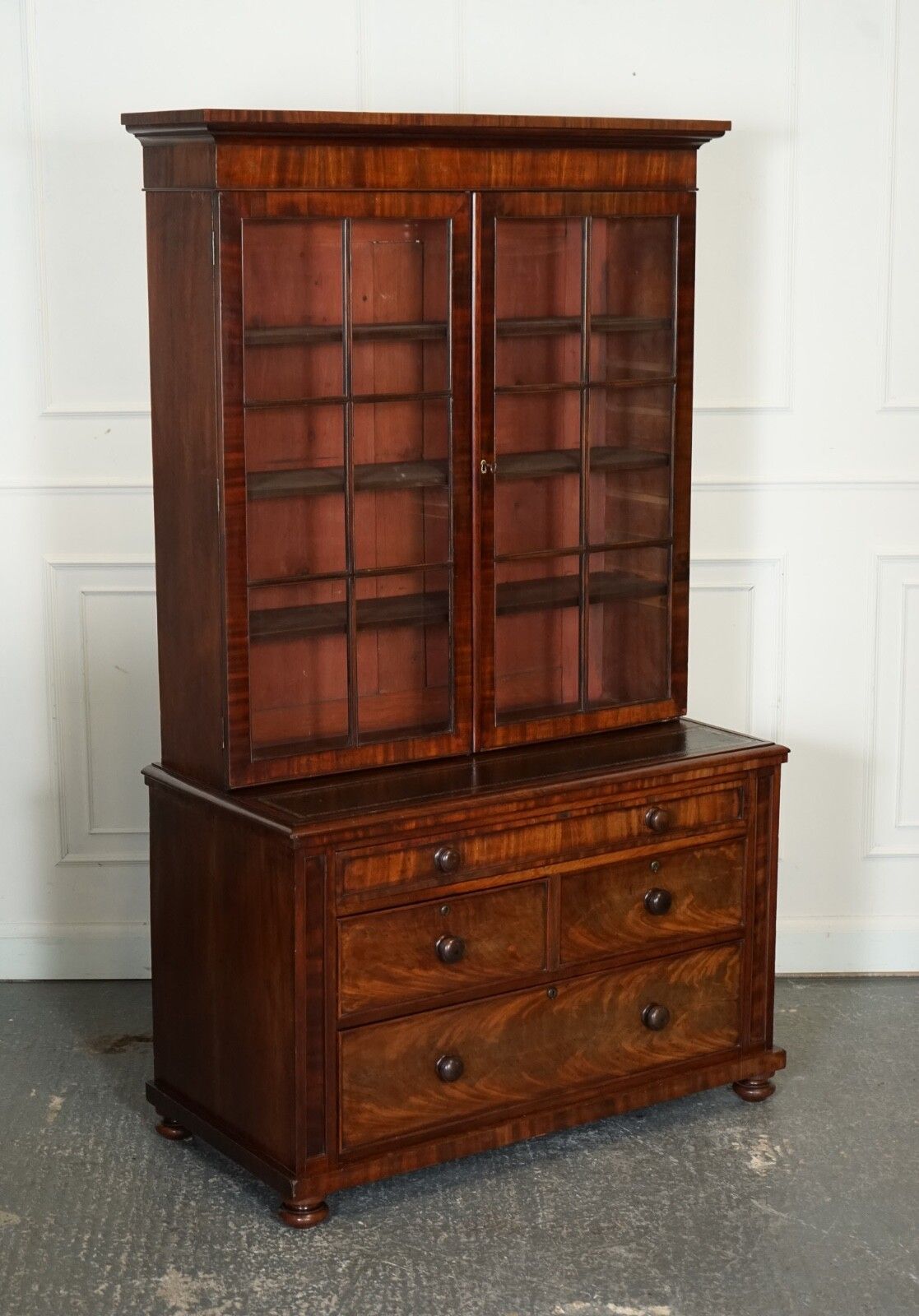 Antique Dresser Bookcase Display Cabinet On Chest Of Drawers Black Leather Top photo furniture