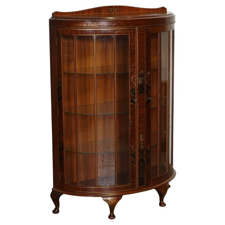 Oriental Chinese Dwarf Bow Front Display Cabinet With Glass Shelves
