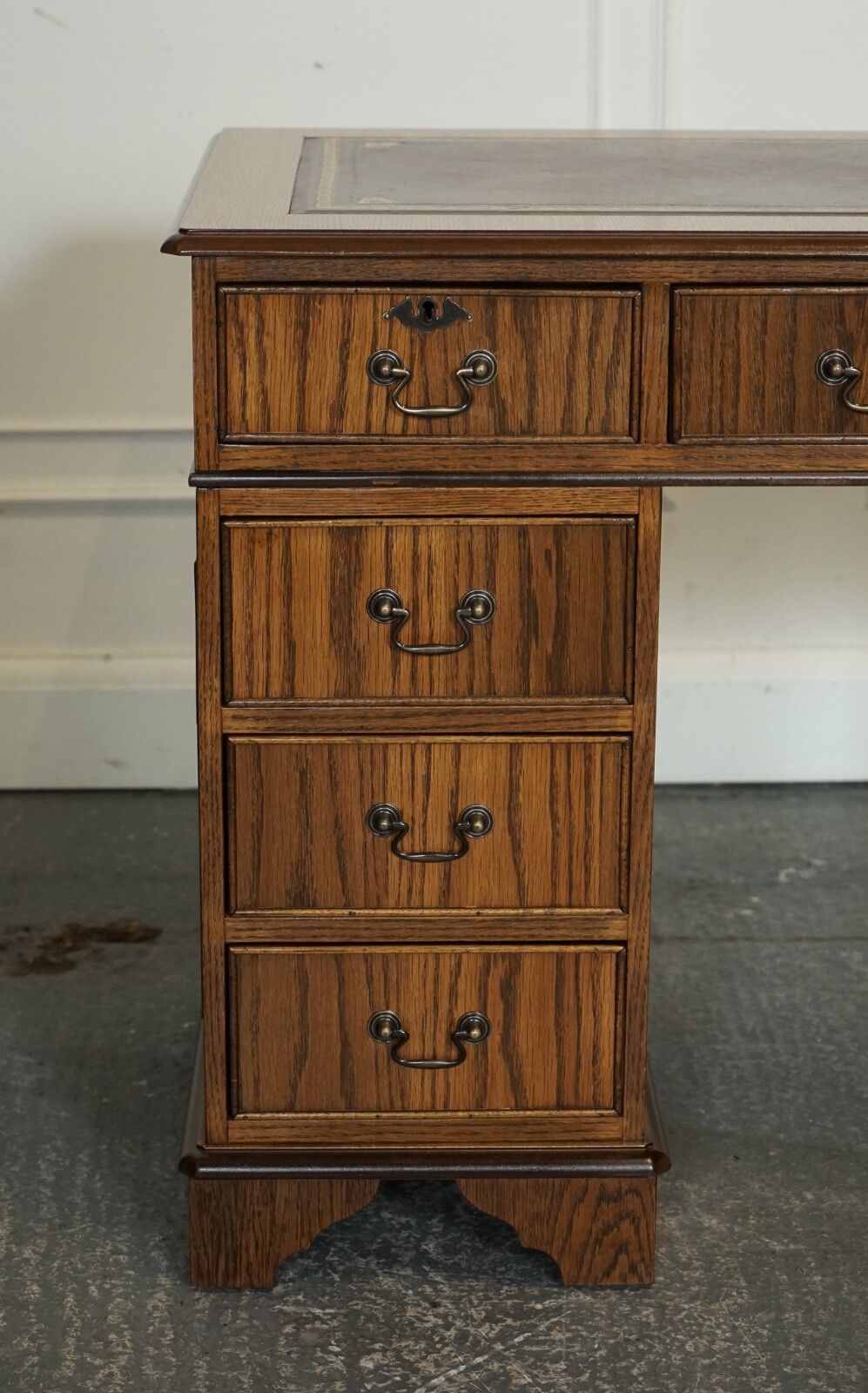Vintage Oak Office Pedestal Desk Brown Leather Top Part Of Suite photo vinterior