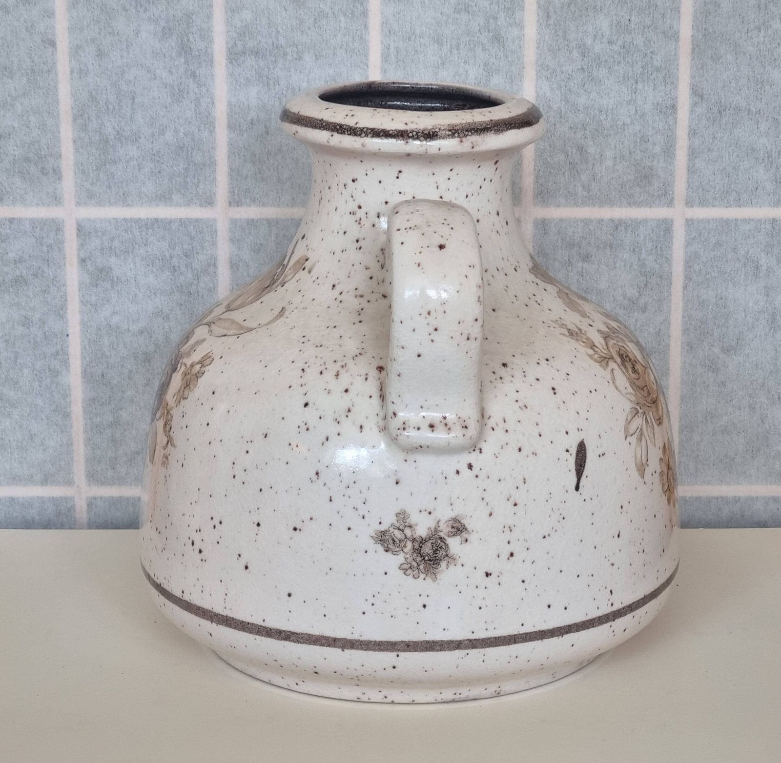 Scheurich German Pottery Vase | Mid Century Floral Jug | 1960s West German Ceramic | Speckled Beige Handled Jug Vase photo for sale