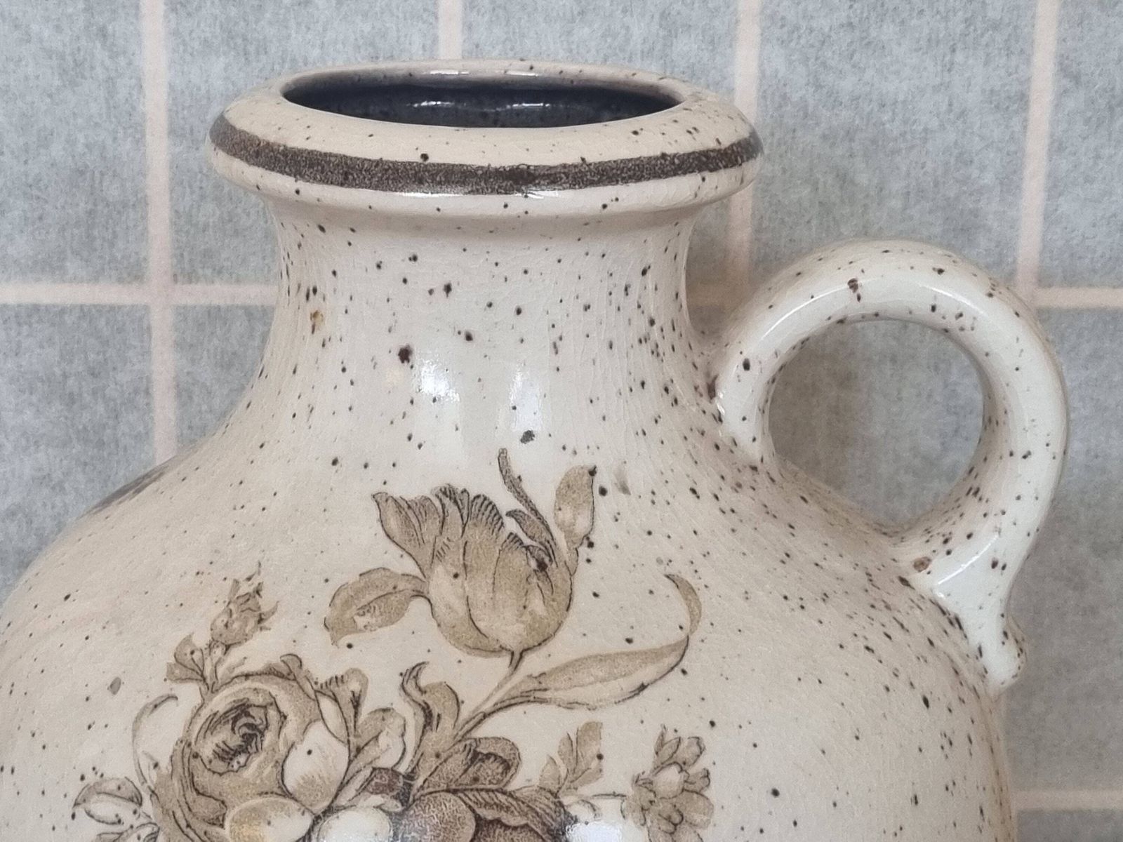 Scheurich German Pottery Vase | Mid Century Floral Jug | 1960s West German Ceramic | Speckled Beige Handled Jug Vase photo vinterior