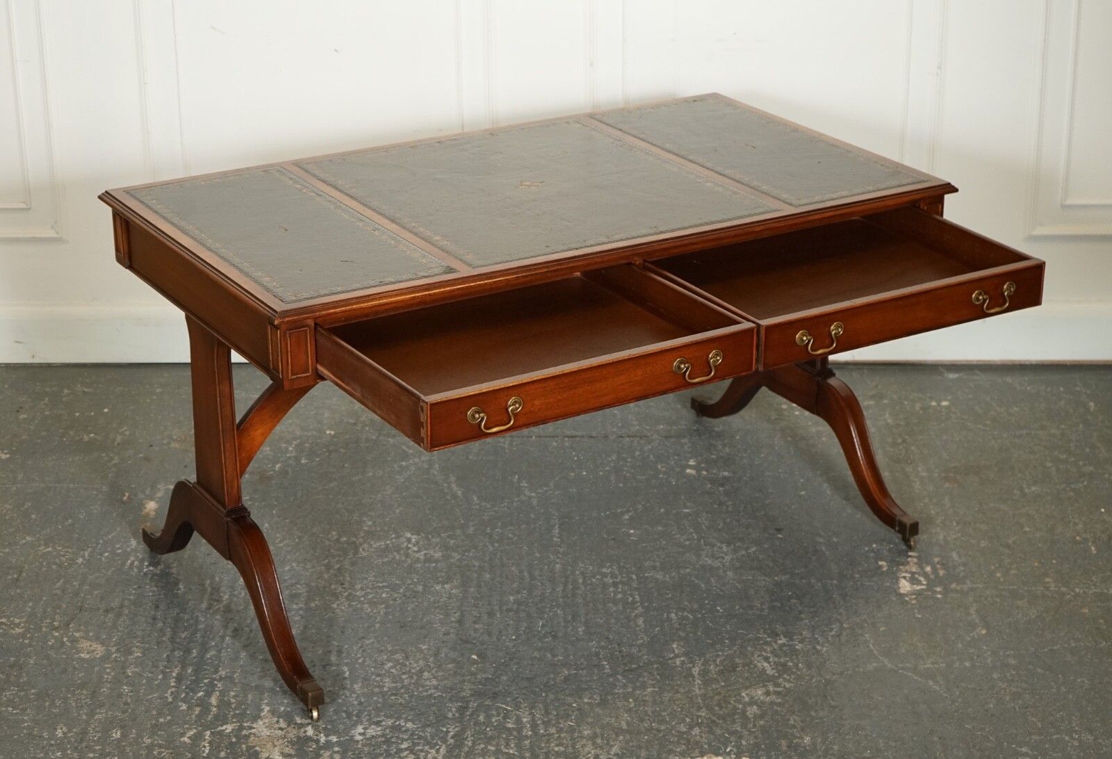 Bevan Funnel Regency Style Two Drawers Writing Office Desk Table Green Leather photo for sale
