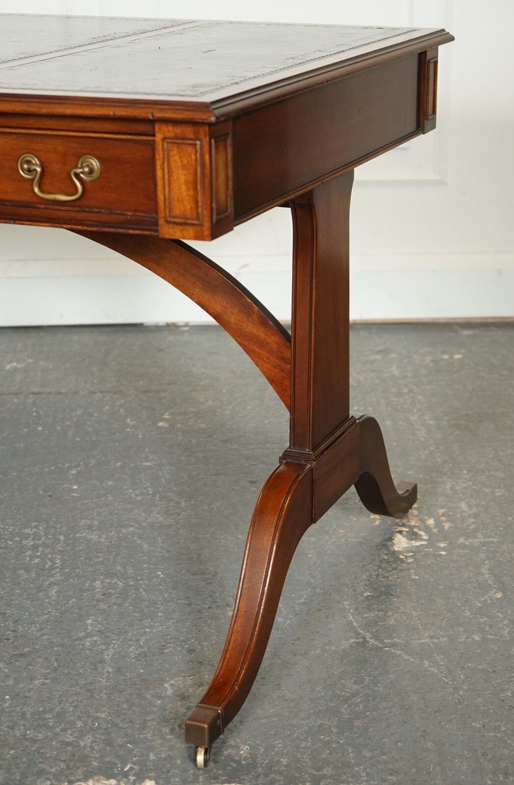 Bevan Funnel Regency Style Two Drawers Writing Office Desk Table Green Leather photo vinterior