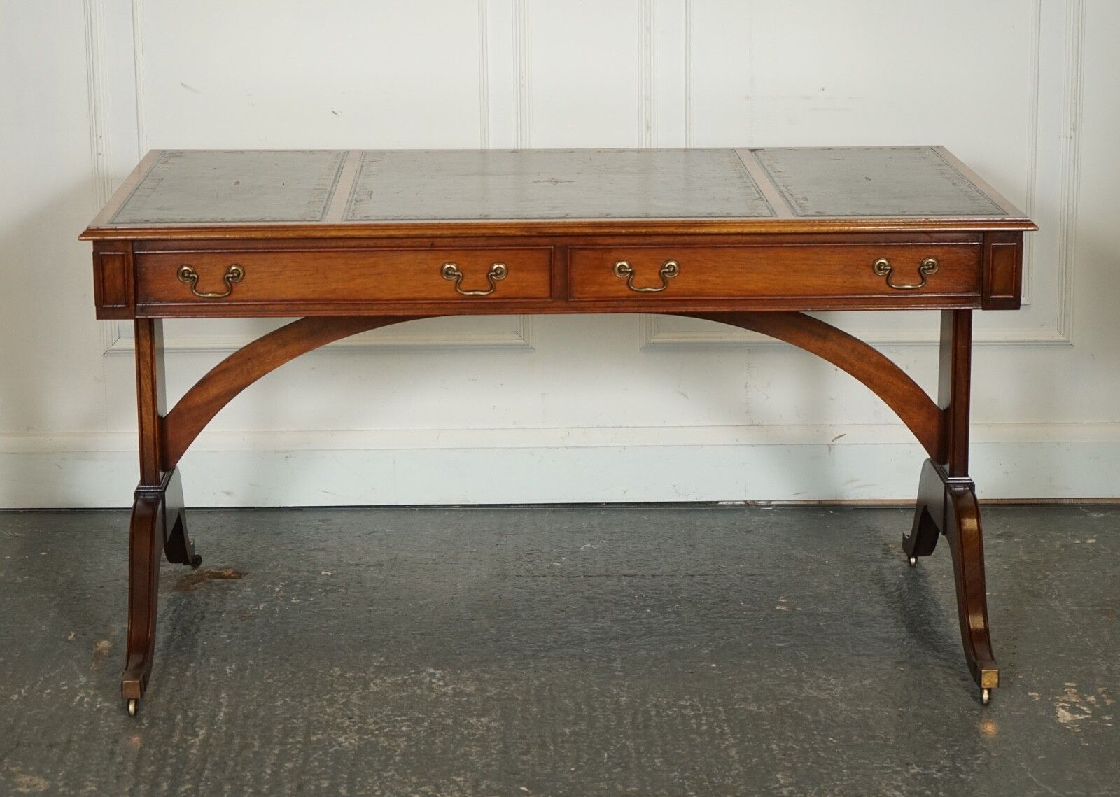 photo buy Bevan Funnel Regency Style Two Drawers Writing Office Desk Table Green Leather