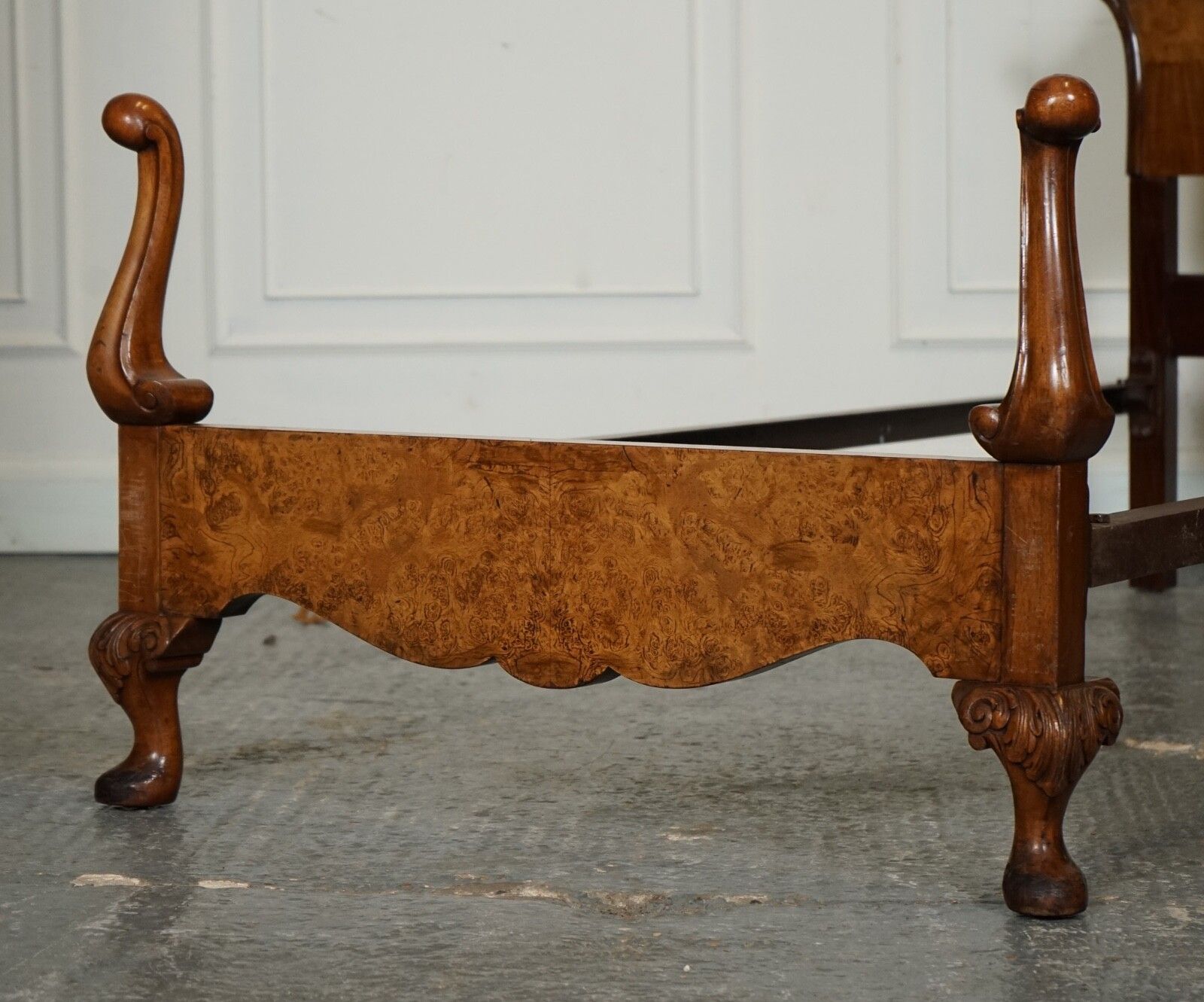 photo furniture Circa 1930 Art Deco Burr Walnut English Made Vono Bedstead Frame Queen Anne Legs