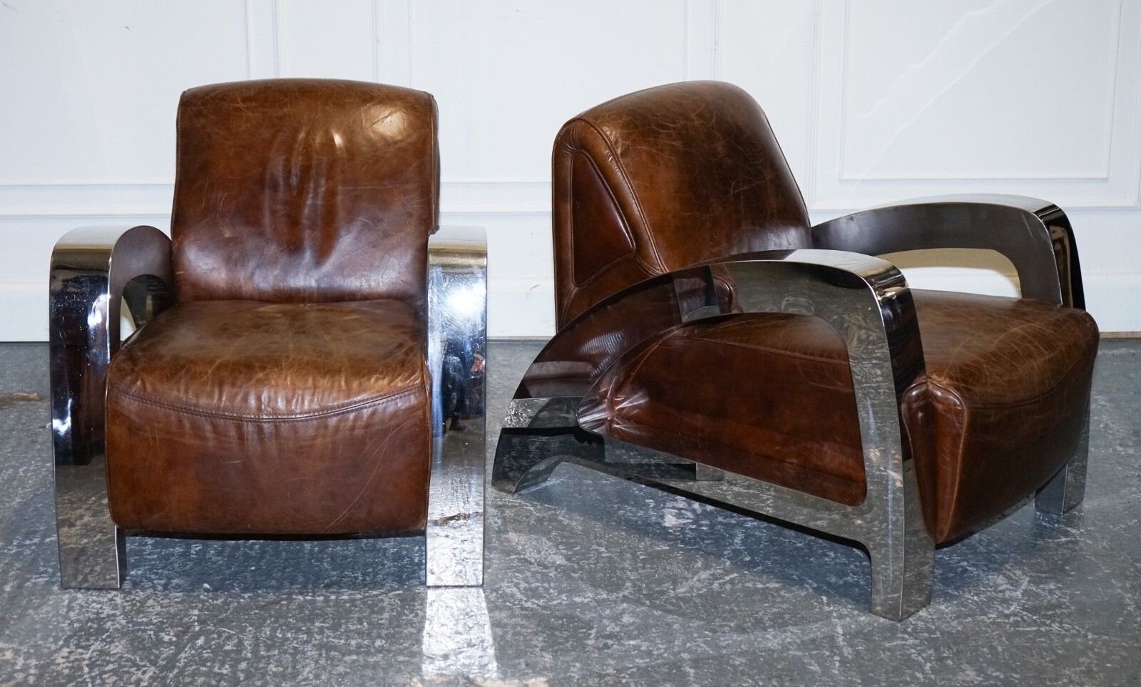 Stunning Pair Of French Art Deco Chrome Aviator Heritage Brown Leather Armchairs photo Furniture
