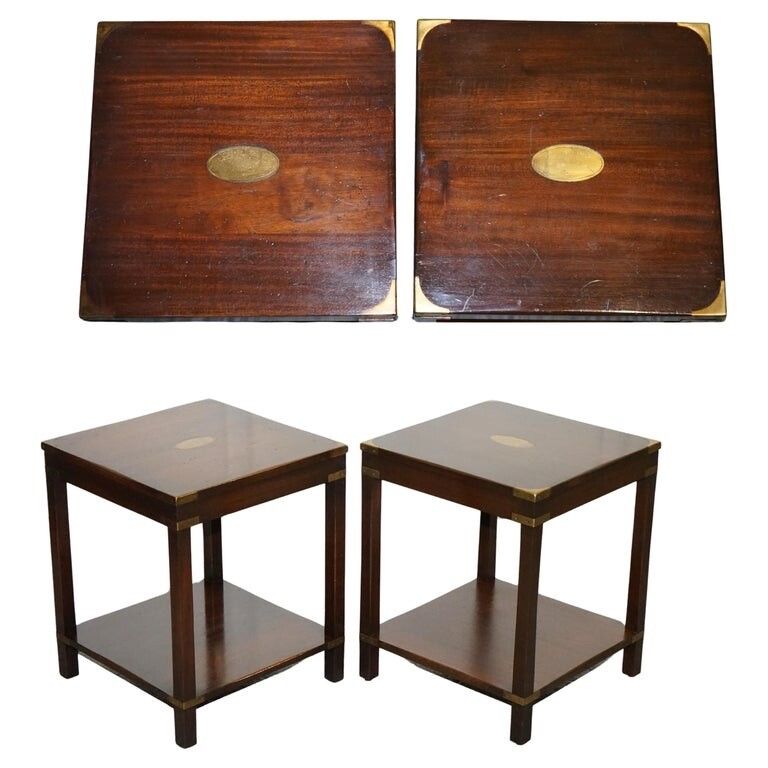 Fine English Pair Of Bevan Funnell Military Campaign Nightstands End Side Tables